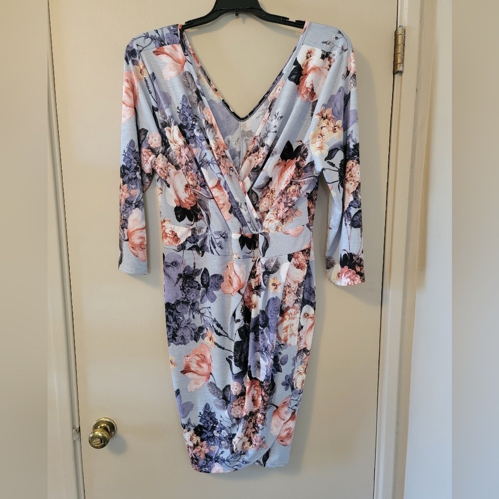 Floral Wrap-Style Midi Dress in Light Blue and Pink